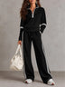 White Half-zip Collar Ribbed Sweatshirt And Color-blocked Wide-leg Pants Suit