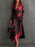 Black Red Abstract Print Wrap Collared Long Sleeve Tie‑Waist Hem Party Maxi Dress