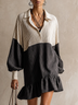 Black and White Pleated Color Block Button-Up Ruffle Hem Tunic Dress