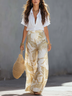White Short Sleeve Shirt Floral Print Pant Set