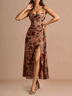 Pink Floral Print Cami Boned Corset Waist Slit Midi Dress