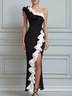 Elegant Black One-Shoulder Ruffle Maxi Dress with Side Slit