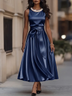 Elegant Ivory Sleeveless Satin Midi Dress with Pearl Neckline and Bow Waist