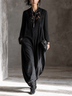 Black Loose Deep V-Neck Lace Inner Layer Harem Jumpsuit