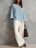 Blue And White Cotton-Linen Embroidered Batwing-Sleeve Top And Trousers 2-Piece Set