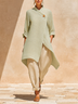 Sage Green Linen Asymmetric Collar Blouse And Loose Harem Pants Matching Set