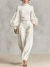 Women's White Turtleneck Puff Lantern Sleeve Linen Relaxed Two‑Piece Set
