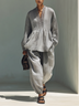 Grey V-Neck Lace-Trimmed Top And Elastic Cuff Pants Linen Two‑Piece Set