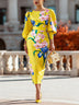 Elegant Bright Yellow Floral Print Balloon Sleeve Slim Fit Midi Dress