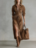 Western Vintage Style Faux Suede Zip Shirt Maxi Dress