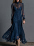 Vintage Navy Blue Lace High Neck Sheer Long Sleeve Tiered Maxi Dress