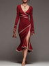 Burgundy Vintage V-Neck Long Sleeve Ribbed Knit Bodycon Mermaid Slit Dress