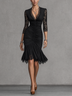 Black Lace Spliced Deep V Ruched Mermaid Midi Dress