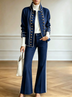 Navy White Piping Military Blazer Flared Pants Two Piece Set