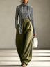 Black White Stripe Turtleneck Top And Olive Green High Waist Wide Leg Pants Two Piece Outfit(With A Scarf)