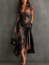 Red Black Abstract Print Wrap Midi Dress Collared V Neck Short Sleeve Tie Waist Ruffled High‑Low Hem Dress