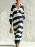 Casual Navy Striped Maxi Dress with Collar and Button-Front