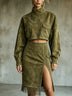 Faux Suede Mock-Neck Top and Fringed Slit Skirt Set