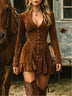 Western brown V-neck long-sleeve faux suede mini dress