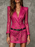 Rose red lace double-breasted collared blazer mini dress (with belt)
