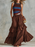 Striped Knit Sleeveless Tank Top & Tiered Ruffle Skirt Pants Two Piece Boho Outfit