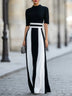 Black White Vertical Stripe Maxi Dress Mock Neck Short Sleeve Wide Striped Formal Gown