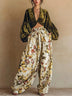 Velvet V-neck lantern-sleeve top and printed lantern pants set