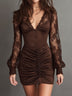 Retro Elegant Chocolate Lace Sleeve Ruched Mini Dress