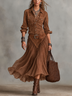 Brown Faux Suede Shirt And Flowy Tulle Midi Skirt Set (Belt included)
