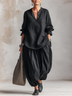 Black Cotton Linen Long Sleeve Henley Top With Lantern Harem Pants Set