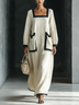 Beige Cotton And Linen Blend Square-Neck Maxi Dress With Black Trim & Oversized Pockets