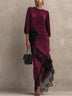 Deep Burgundy Velvet Maxi Dress With Waist Ruffled Black Flower And Lace Patchwork