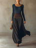 Navy Ribbed Knit Top And Waist Color Block Pleated Maxi Skirt Set