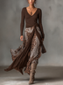 Brown Ribbed V-Neck Belted Top And Leopard Print Wrap Maxi Dress 2 Piece Set