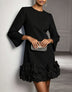 Black Round Neck 3D Floral Ruffle Hem Mini Dress