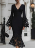 Black V‑Neck Floral Lace Flared Bell Sleeve Midi Dress