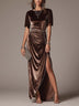 Brown Velvet Contrasting Trim Ruched Slit Maxi Dress
