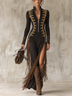 Black Stand Collar Zip Front Gold Embroidery High Slit Fringe Maxi Dress