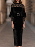 Black Round Neck Lace Patchwork Velvet Puff Sleeve Midi Dress With Square Pearl Buckle Waist Belt