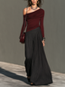 Burgundy Asymmetrical Off‑Shoulder Top With Black Pinstripe High Waist Wide Leg Pants Two‑Piece Set