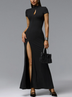 Chic High‑Neck Short Sleeve Hook Front Cut Out Black Evening Gown Maxi Dress
