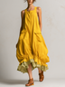 Yellow Sleeveless Big Pockets Layered Ruffle Hem Bubble Midi Dress
