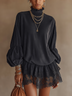 Black Faux Suede High Neck Lace Panel Ruffle Mini Dress