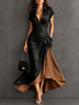 Womens Collared Wrap Short Sleeve Tie Waist Contrast Inner Irregular Hem Elegant Party Maxi Dress Outfit