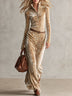 Vintage Leopard Print Velvet Half‑Zip Stand Collar Long Sleeve Body‑Fitting Floor‑Length Maxi Dress
