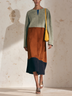 Modern Color Block Long Sleeve Midi Dress with Asymmetrical Hem