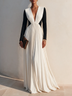 White & Black Deep V-Neck Long Sleeve Maxi Dress