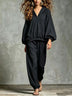 Loose V-Neck Lantern Sleeve Casual Chic Trouser Set