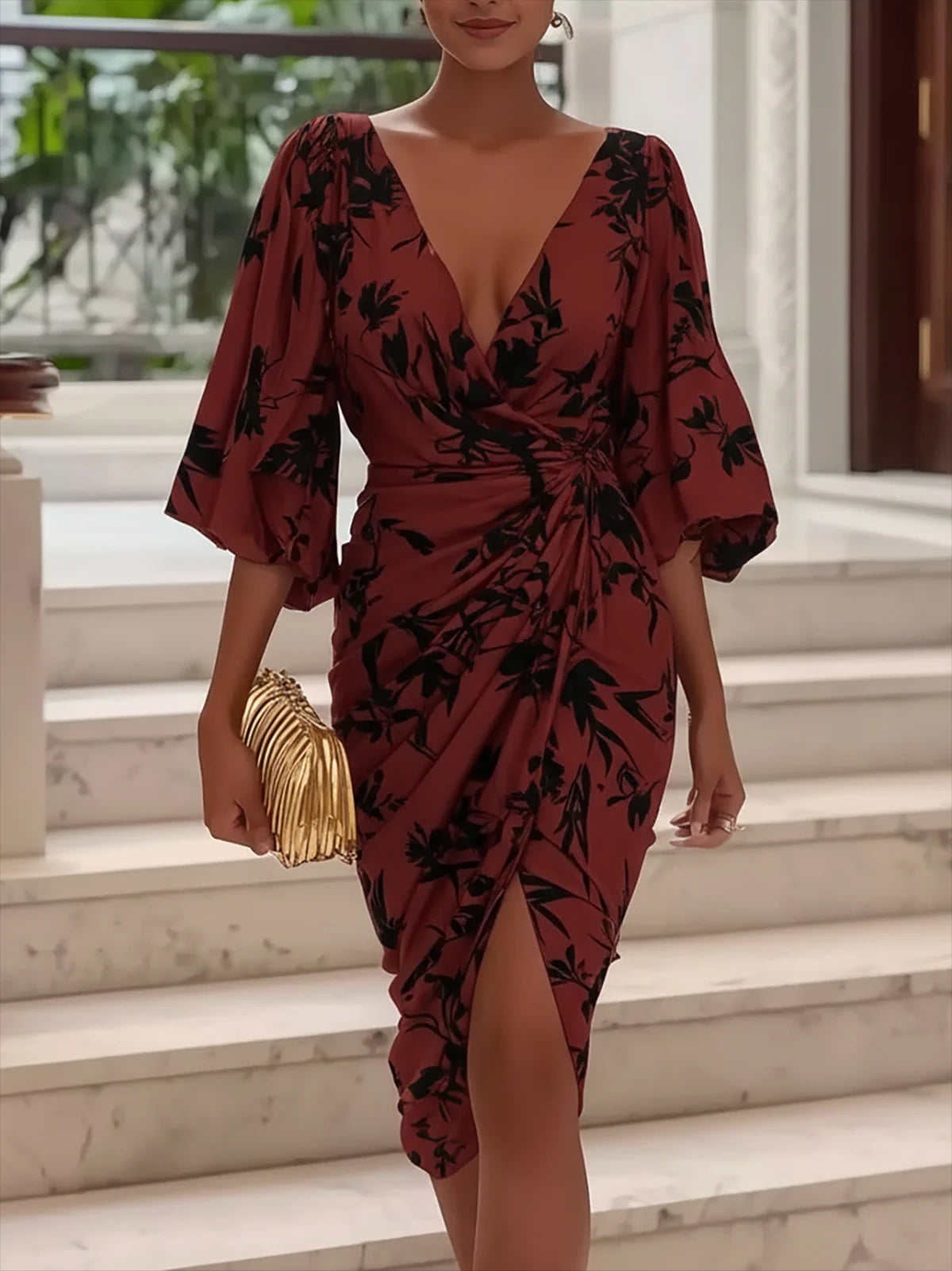 Burgundy Midi Dress With Black Floral Print And Deep V Neck