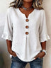 Solid V-Neck Button Ruffle Half Sleeve Casual Top